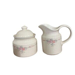 Pfaltzgraff Trousseau Ivory Pink & Purple Rose Decor Gray Band Sugar Bowl & Lid